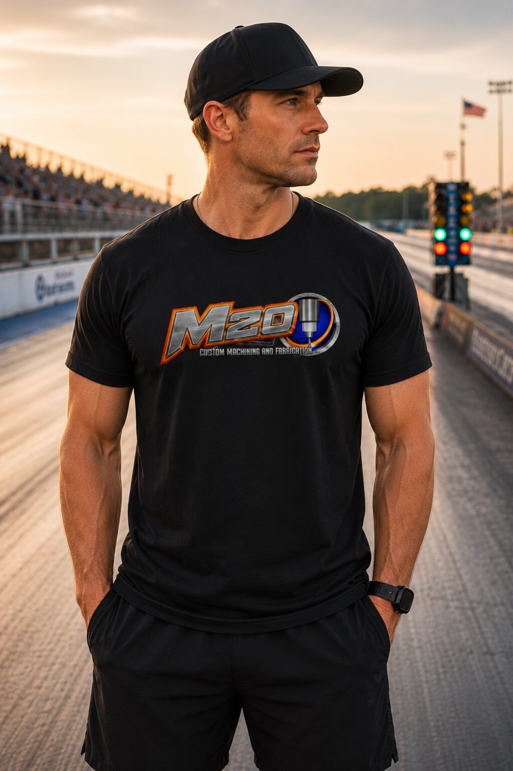 Black classic M20 logo shirt shown at the drag strip