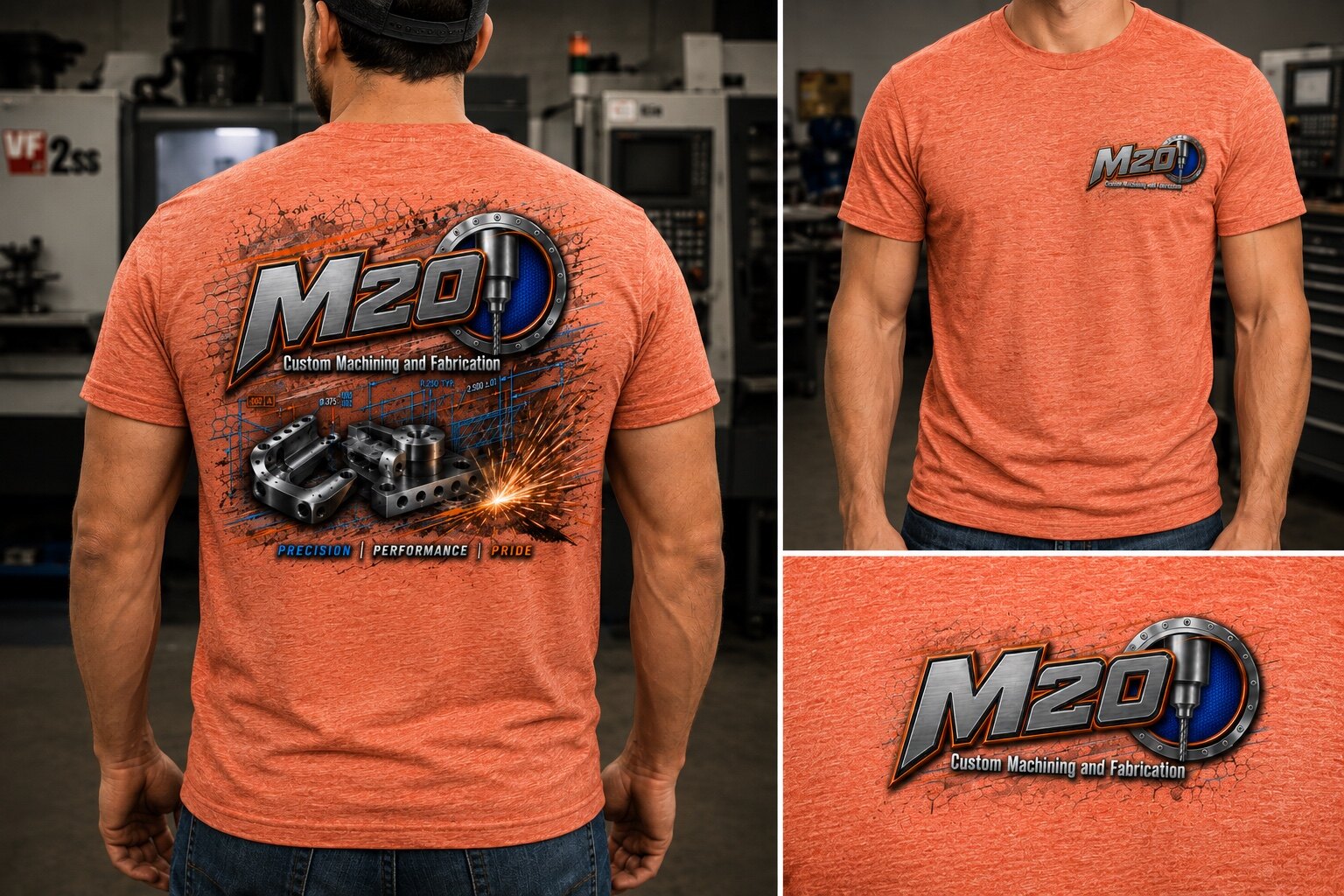Orange M20 machining shirt with front and back artwork