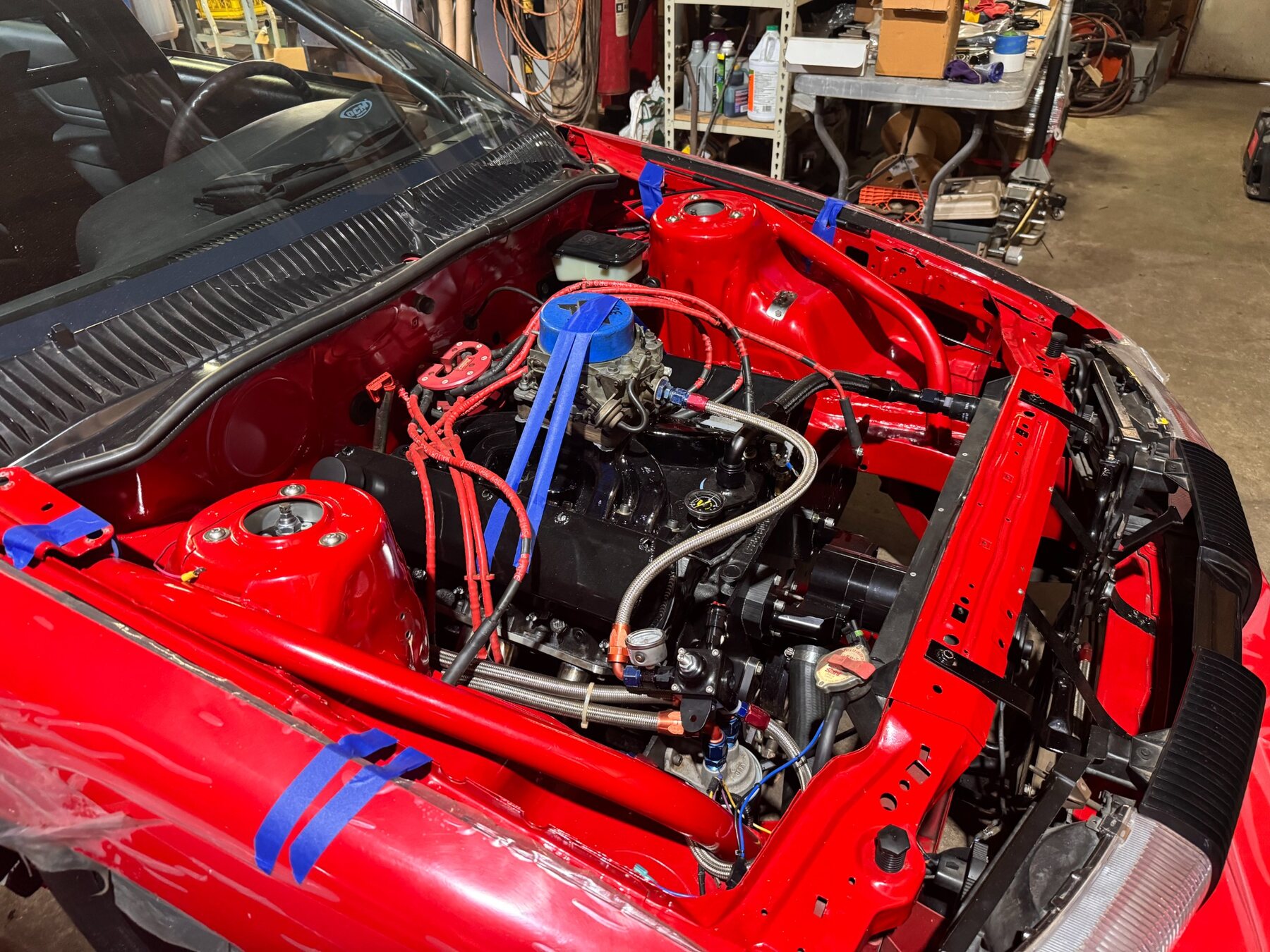 Detailed engine bay on a red client race car